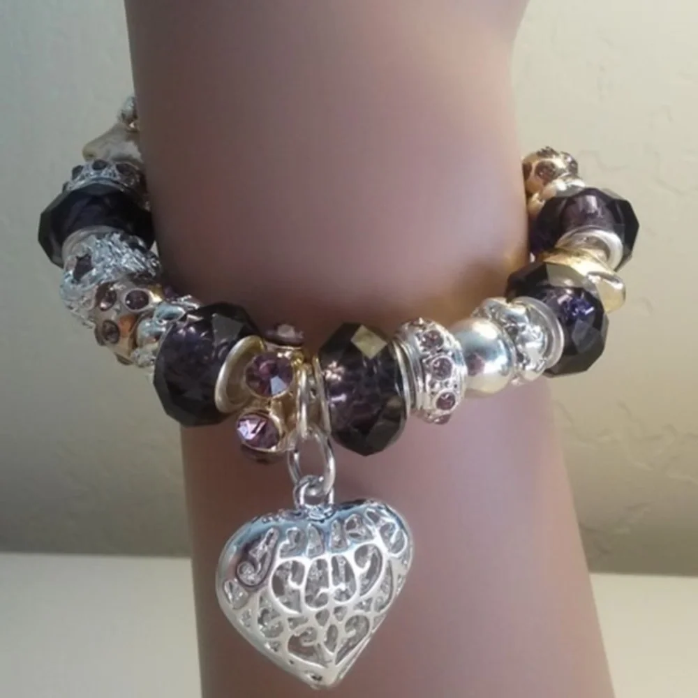 💜Heart Silver, Purple & Yellow Crystal Bracelet - Picture 1 of 3